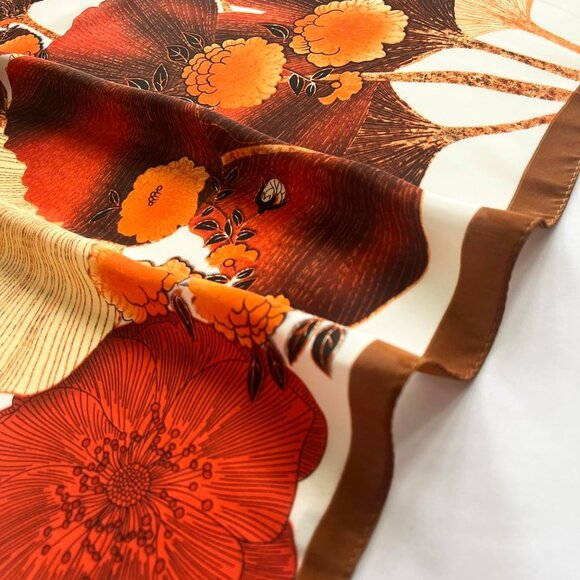 Silk Feel 03 Orange Floral Edge Satin Square Head Scarf for Women Medium 28 Inch - Picture 2 of 7